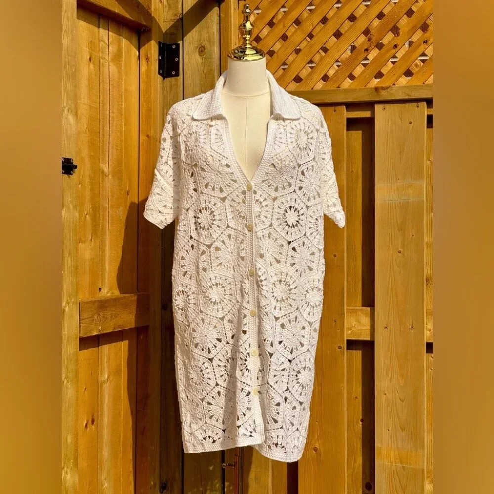 🆕 FARM Rio 🧿 NWOT White Semisheer Floral Button-Up Crochet Cover-Up Dress, L - Picture 10 of 15